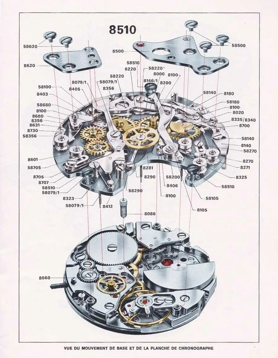 Heuer Calibre 11 в разобранном виде: механизм с микроротором и модуль хронографа Dubois Depraz
